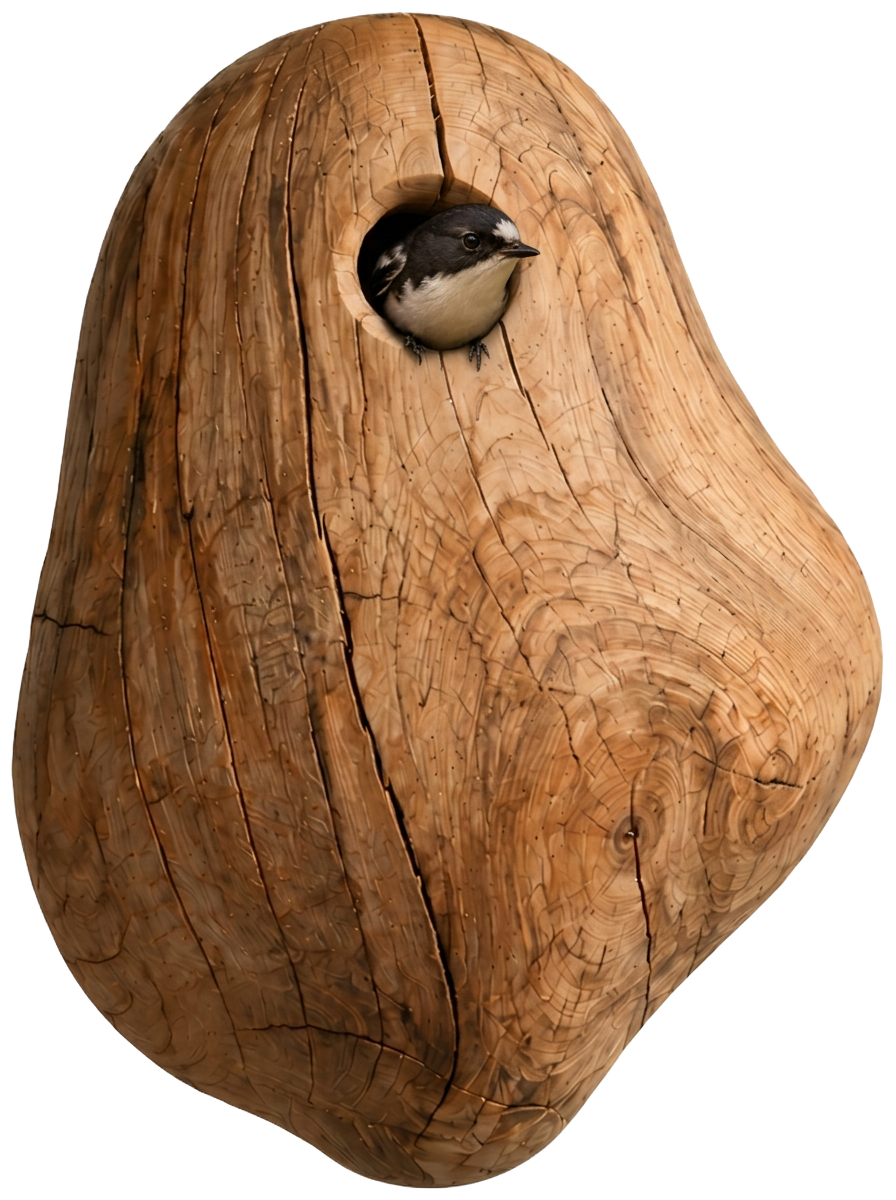 Sculptural solid-wood Habbier nesting habitat with a bird peeking out of the round entrance.